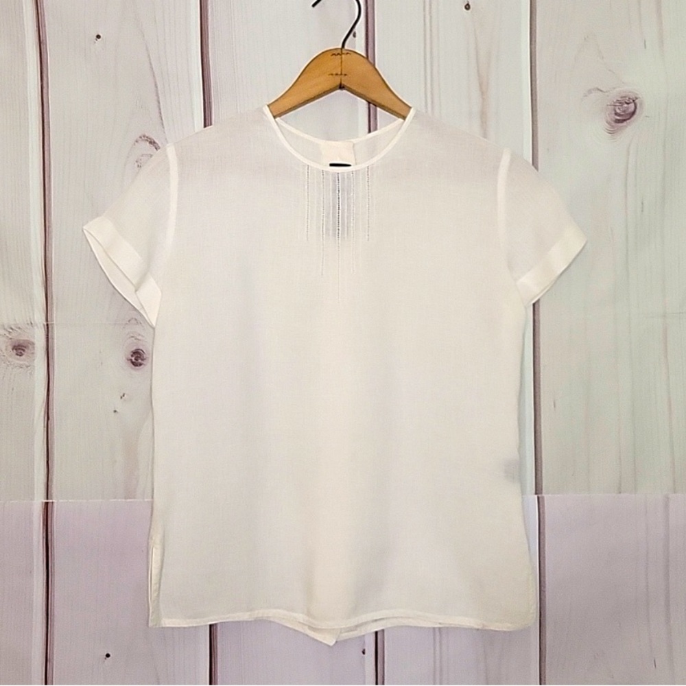 Linda Allard Ellen Tracy Ivory Linen Short Sleeve Blouse Size 2P Petite.